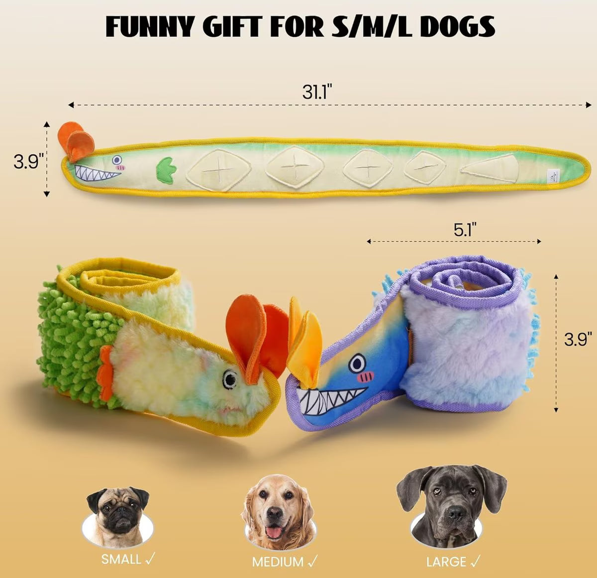 SUPLY Stuffing-Free Eel Dog Toy – Yellow/Green