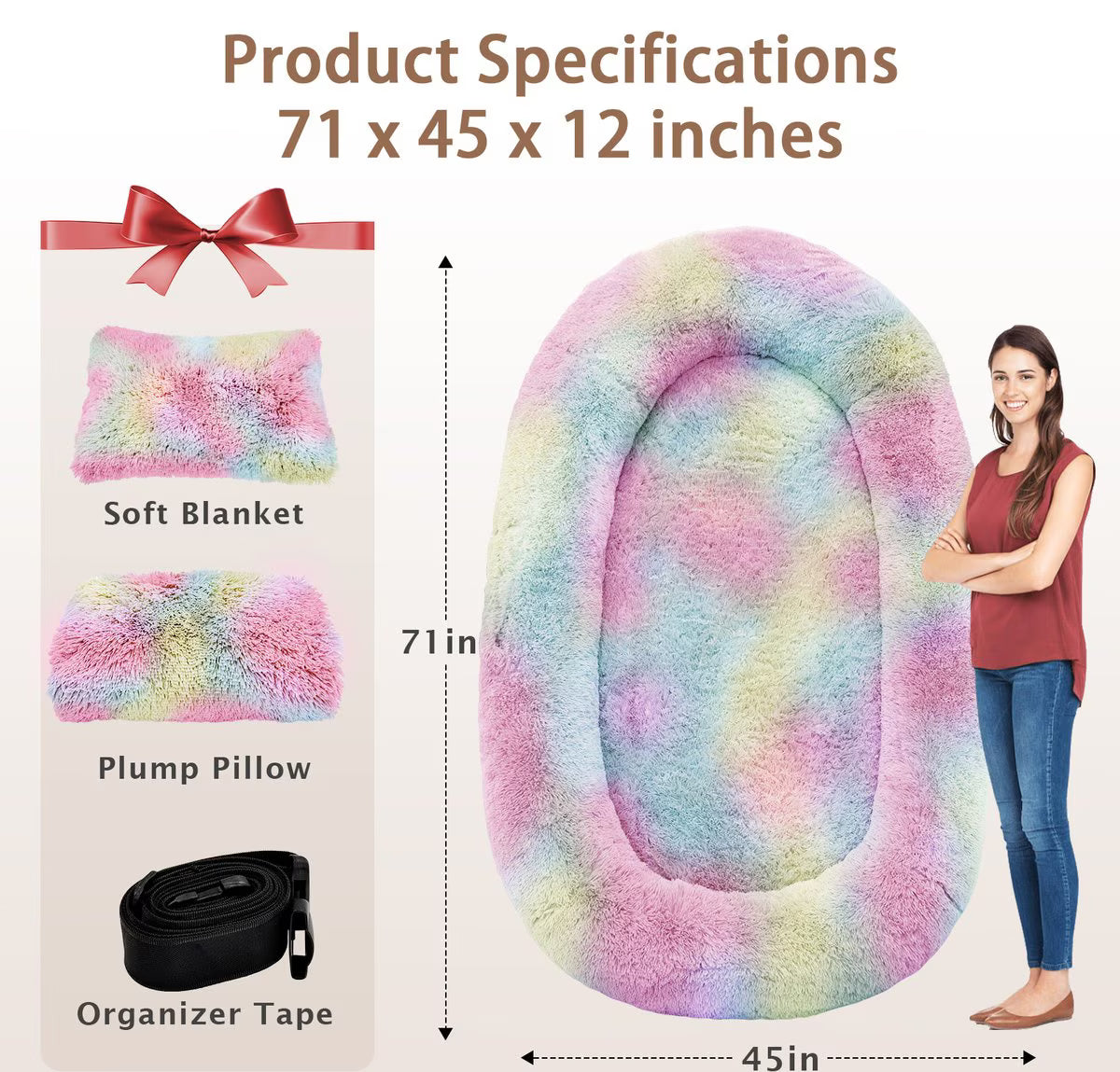 SUPLY Oversized Human Dog Bed, Rainbow